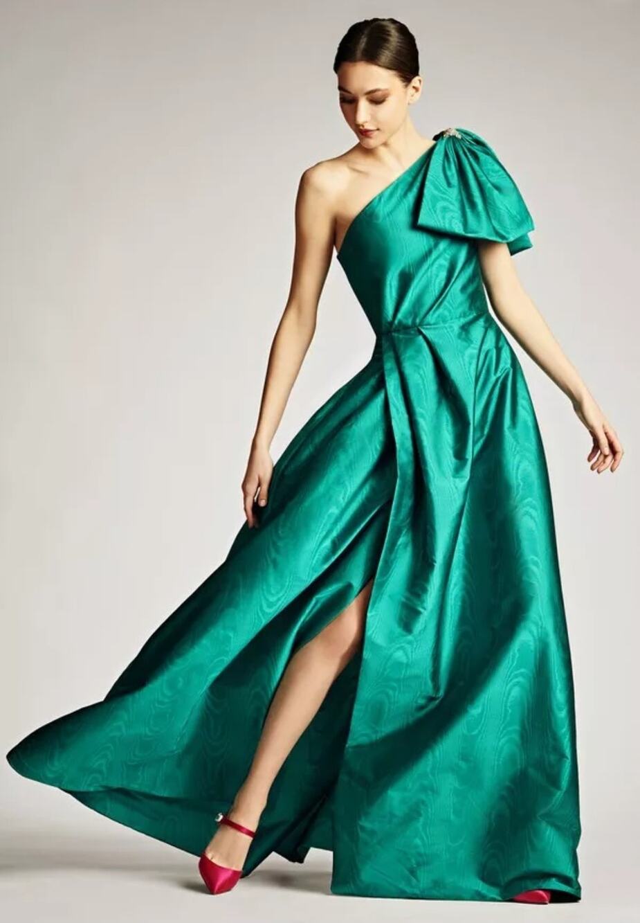 $900 Sachin & Babi Viola Dragonfly One Shoulder Gown Green Crystal Bow Jacquard
